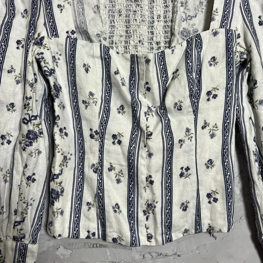 Reformation Linen Smocked Puff Sleeve Top SIZE 2 White Blue Floral